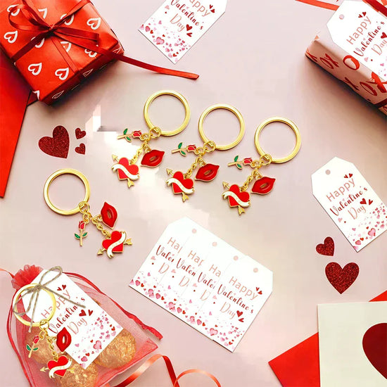 Valentines Day Gifts Includes 6pcs Heart Keychains With Cards Organza Bags, Valentine Exchange Gift For Boys Girl