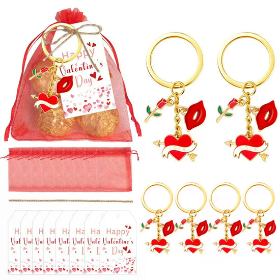 Valentines Day Gifts Includes 6pcs Heart Keychains With Cards Organza Bags, Valentine Exchange Gift For Boys Girl
